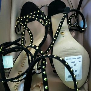Stuart Weitzman Leya 95 Bead Black and Gold Strappy Heels